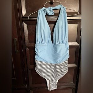 Blue and Black Striped Halter Swimsuit
